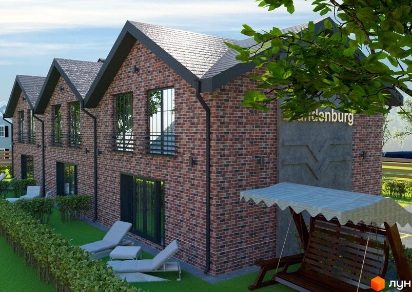 Таунхаус „На Кочубея“: цегляні фасади та зелена прибудинкова територія з лежаками та гойдалкою. Сучасний житловий комплекс для вашого комфорту.