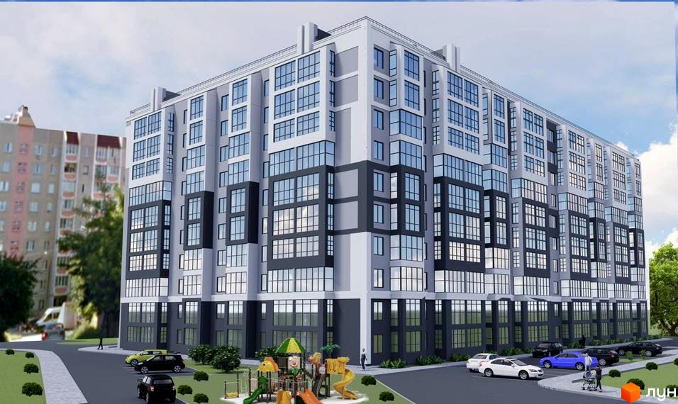 Зовнішній вигляд новобудови ЖК Авіатор з великою кількістю вікон та сірими та білими фасадами. Поруч розташований дитячий майданчик та парковка з автомобілями.