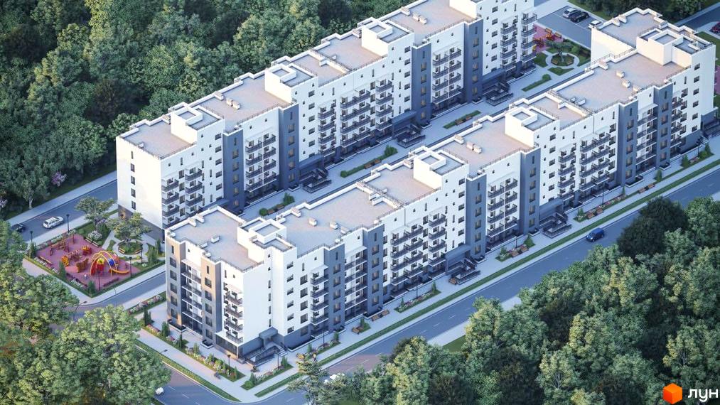 Житловий комплекс Вільний Совіньон: фасади будівель білого та сірого кольорів з балконами, поруч дитячий майданчик та зелені насадження.