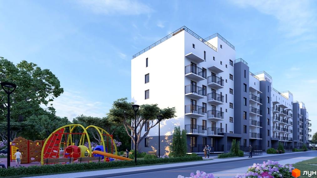 Новобудова ЖК Вільний Совіньон з балконами та дитячим майданчиком. Зовнішній вигляд будинку та прибудинкової території.
