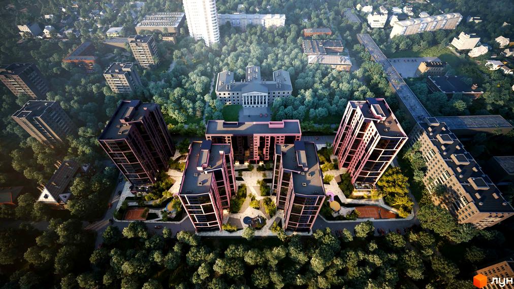 Високі будинки ЖК Legenda з панорамними вікнами, розташовані серед зелені. На території комплексу є дитячий майданчик та тенісний корт.