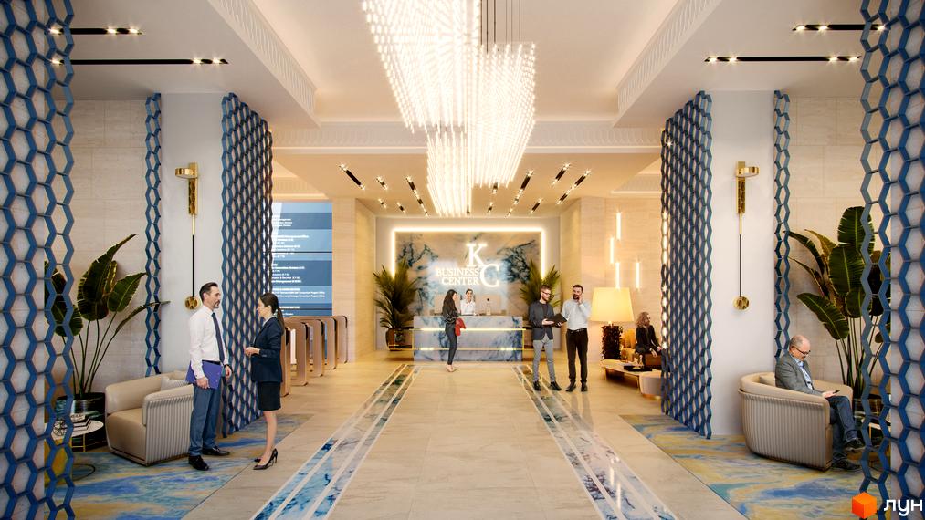Сучасний інтер'єр бізнес-центру KADORR City з елегантним дизайном та зоною ресепшн. Простір для роботи та зустрічей.