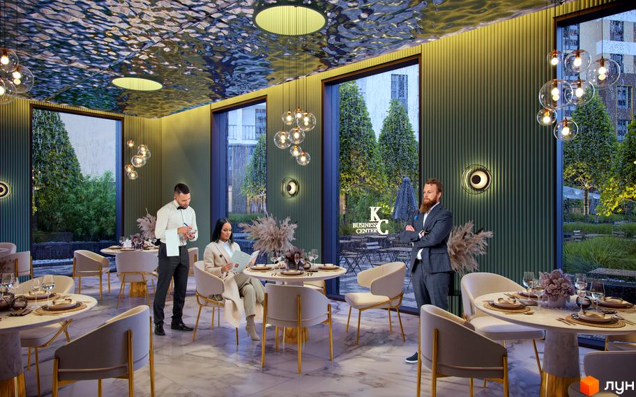 Інтер'єр ресторану в житловому комплексі KADORR City з великими вікнами, що виходять на зелену прибудинкову територію. Стильні столики та комфортні крісла створюють затишну атмосферу.
