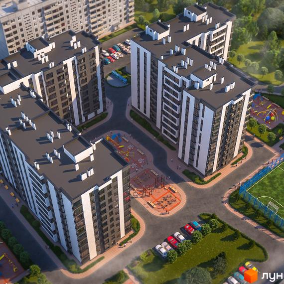 Зображення чотирьох багатоповерхівок Житлового комплексу Тріумф з дитячим майданчиком, парковкою та футбольним полем.