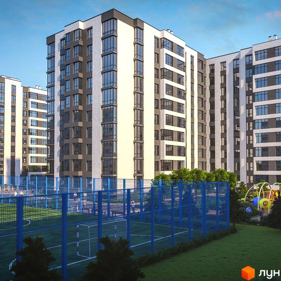 Житловий комплекс Тріумф з багатоповерховими будинками та спортивним майданчиком з синім огородженням.