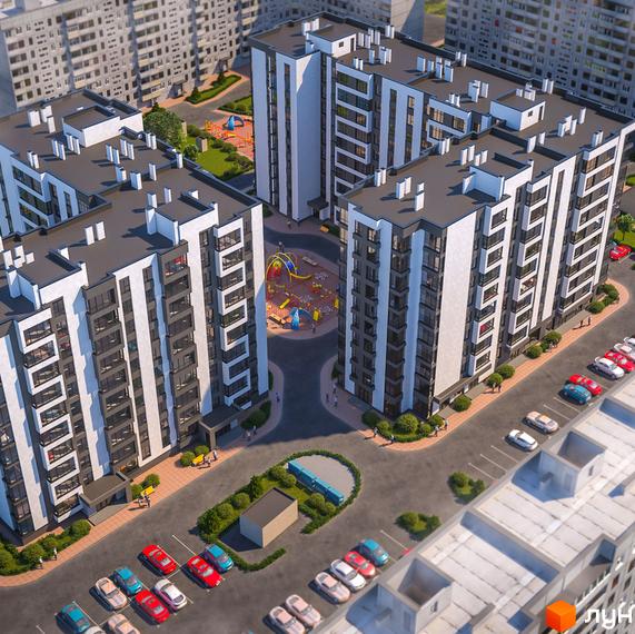 Житловий комплекс Тріумф: багатоповерхові будинки біло-сірого кольору з великими вікнами та балконами. На прибудинковій території розташовані дитячі майданчики та парковки.