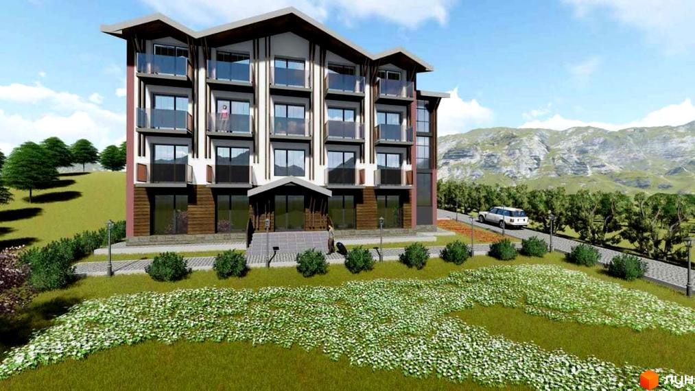Апарт-комплекс Apart Hotel Garda з балконами та панорамними вікнами на тлі гірського пейзажу. Навколо комплексу доглянута територія з кущами та квітами.