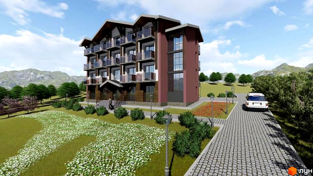 Апарт-комплекс Apart Hotel Garda з балконами та панорамними вікнами, оточений зеленню та квітами, з бруківкою та автомобілем на території.