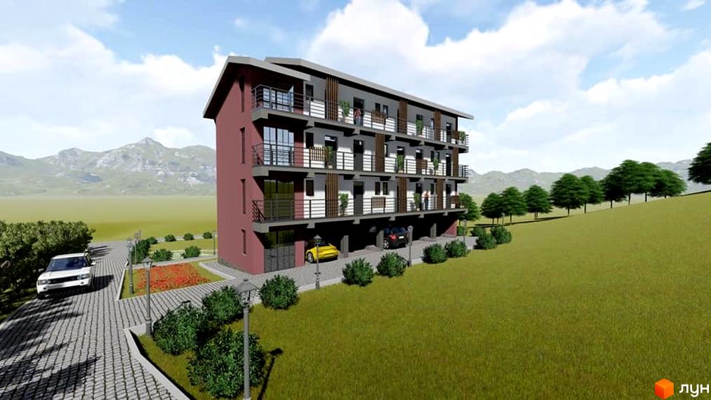 Апарт-комплекс Apart Hotel Garda з червоною фасадною частиною, балконами та парковкою. Навколо комплексу розташовані зелені насадження та гірський пейзаж.