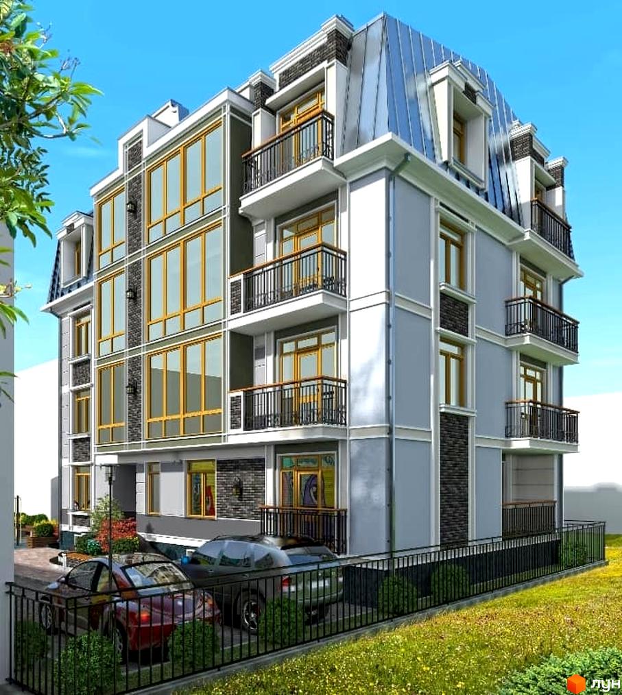 Фасад житлового комплексу Елітний з великими вікнами та балконами, прибудинкова територія з паркуванням та зеленню.