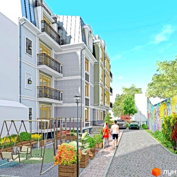 Зовнішній вигляд новобудови ЖК Елітний з балконами та вікнами, прибудинкова територія з дитячим майданчиком та дорогою.