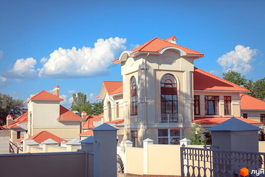 Котеджне містечко Оазис з будинками з червоним дахом та світлими фасадами. На території є огорожа та блакитне небо з хмарами.