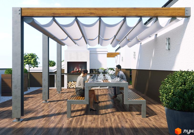 Житловий комплекс Perfect house з просторою терасою, обідньою зоною та каміном. На території розташовані зелені насадження та дерев'яне покриття.