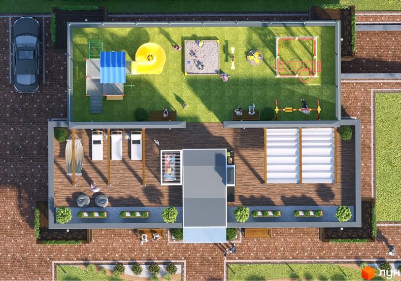 Житловий комплекс Perfect house з дитячим майданчиком, зоною відпочинку з гамаком та шезлонгами, а також закритою терасою з перголами.