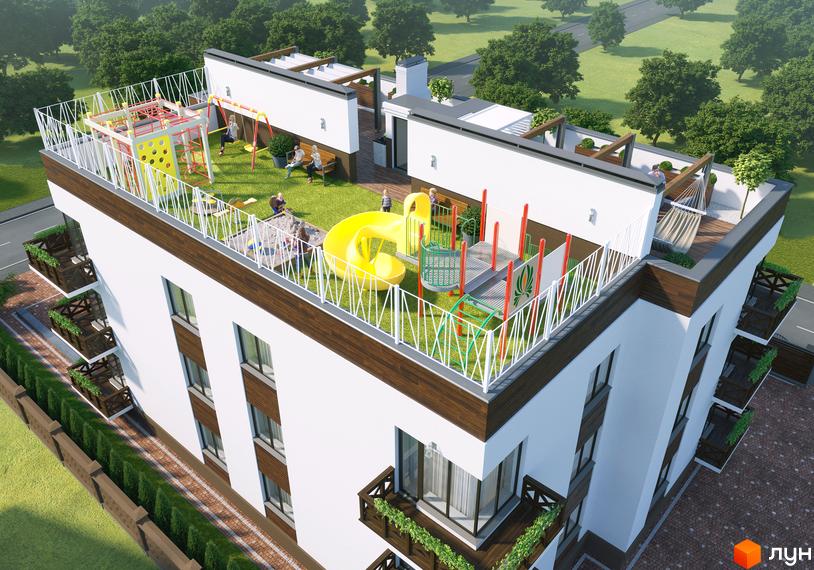 Житловий комплекс Perfect house з дитячим майданчиком та зонами відпочинку на даху. Зовнішній вигляд новобудови з балконами та зеленими насадженнями.