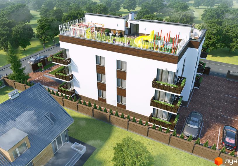 Житловий комплекс Perfect House з білими фасадами, дерев'яними елементами на балконах та дитячим майданчиком на даху. Прибудинкова територія з парковкою та зеленими насадженнями.