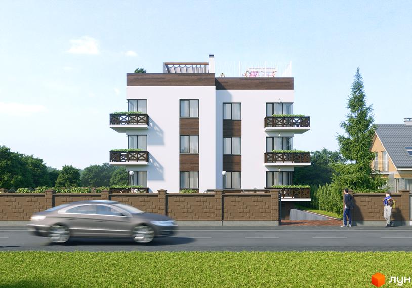 Житловий комплекс Perfect House з балконами та дерев'яними елементами. Поруч паркан та зелена зона з деревами.