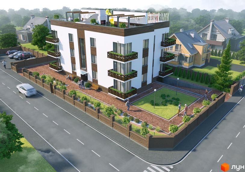 Житловий комплекс Perfect house з біло-коричневим фасадом, балконами з дерев'яними елементами та зеленою прибудинковою територією.