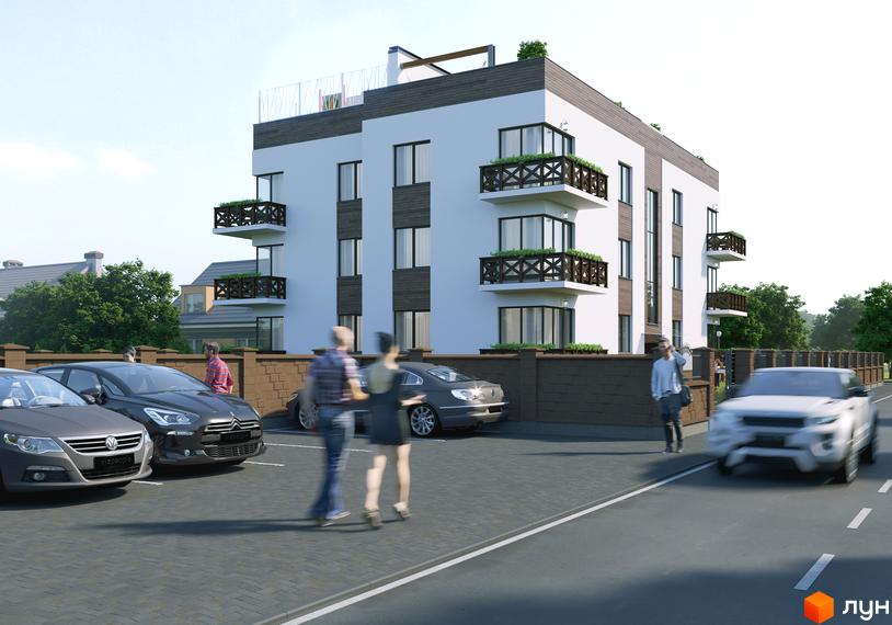 Житловий комплекс Perfect house – сучасна новобудова з балконами та парковкою. Навколо будинку розташовані дерева та паркувальні місця.