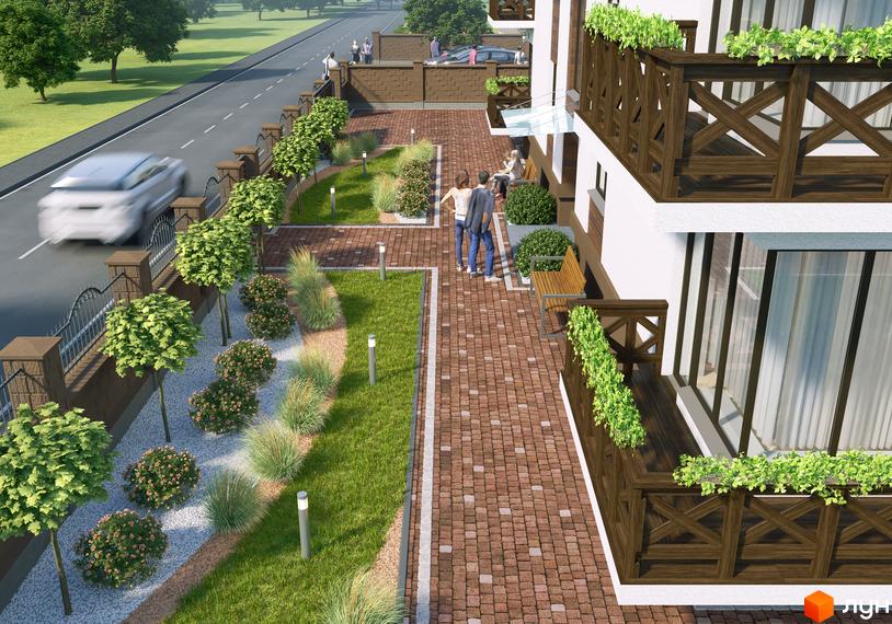Житловий комплекс Perfect House з дерев'яними балконами та охайним двориком з газоном та бруківкою. Навколо новобудови висаджені дерева та кущі.