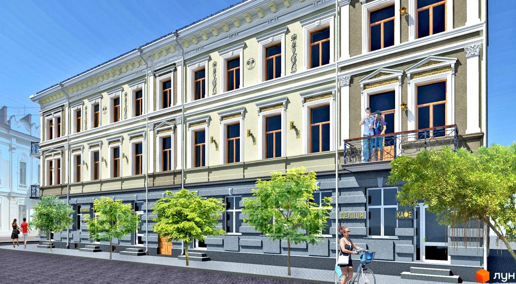 Фасад житлового комплексу на вул. Театральна, 35, з елементами класичної архітектури та балконами. Перед будинком розташовані дерева та тротуар.