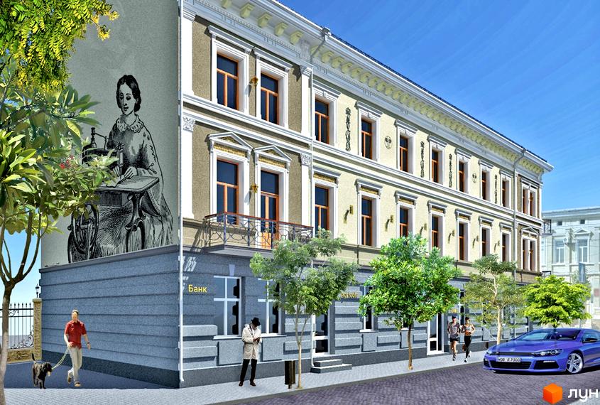 Фасад житлового комплексу на вул. Театральна, 35, з елементами старовинної архітектури та прибудинковою територією з деревами та пішохідною зоною.