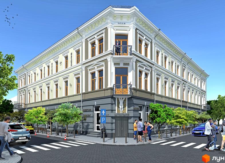 Фасад житлового комплексу на вул. Театральна, 35, з елементами класичної архітектури та прибудинковою територією з деревами та пішохідним переходом.