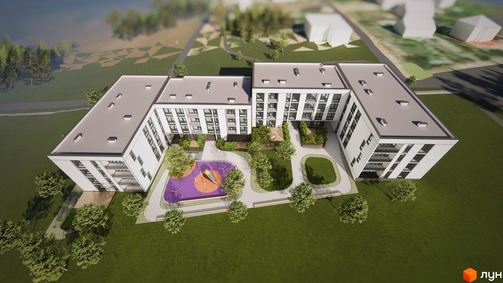 Будівельний проєкт Горизонт - це сучасна новобудова з великою кількістю вікон та балконів, що оточена зеленим двором з дитячим майданчиком.