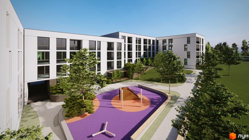 Зовнішній вигляд новобудови ЖК Горизонт з великою кількістю вікон та дитячим майданчиком на прибудинковій території.