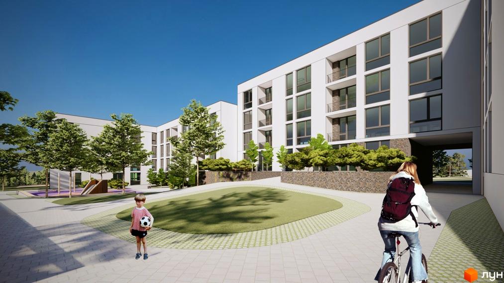 Житловий комплекс Горизонт: білі багатоквартирні будинки з великими вікнами та балконами. На прибудинковій території дитячий майданчик та зелена зона.