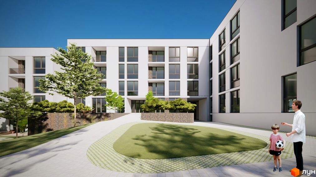 Житловий комплекс Горизонт. Фасад будинку з великою кількістю вікон та балконів. На прибудинковій території зелена галявина та доріжки.