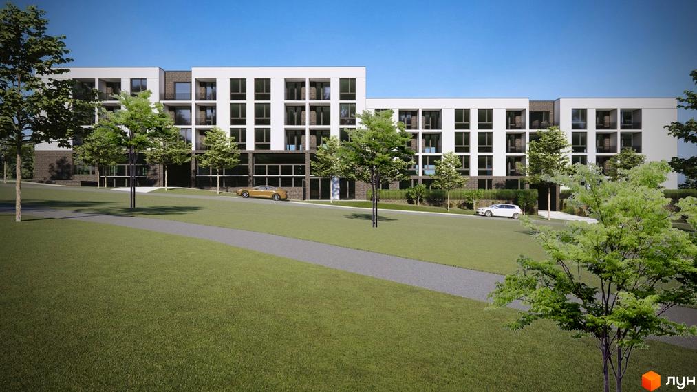 Житловий комплекс Горизонт – це сучасна новобудова з білими фасадами, великими вікнами та балконами, розташована на тлі зеленого ландшафту з деревами та доглянутою територією.