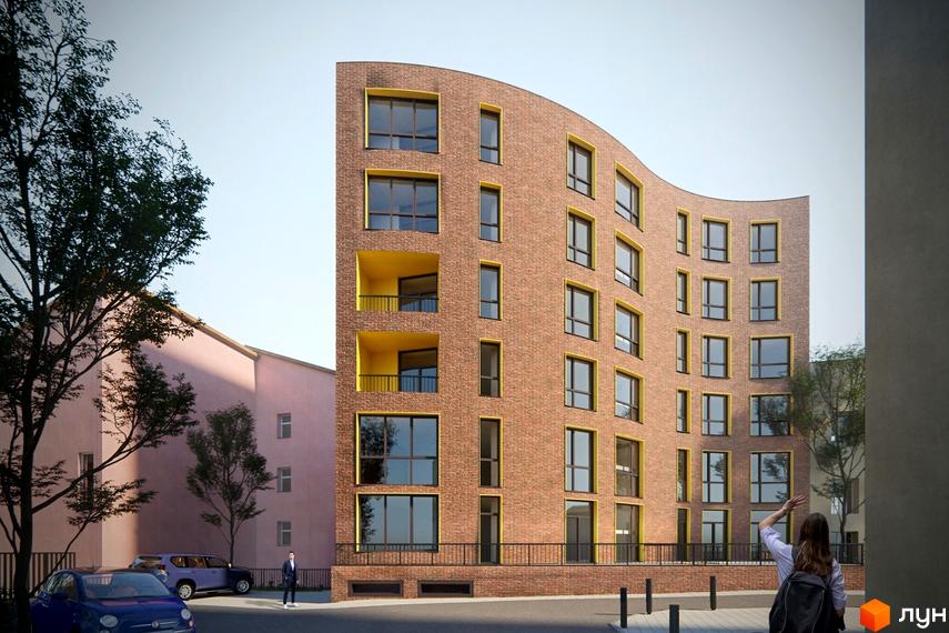 Житловий комплекс Там Де Дім з цегляним фасадом та жовтими елементами. Поруч розташовані дерева та припарковані автомобілі.