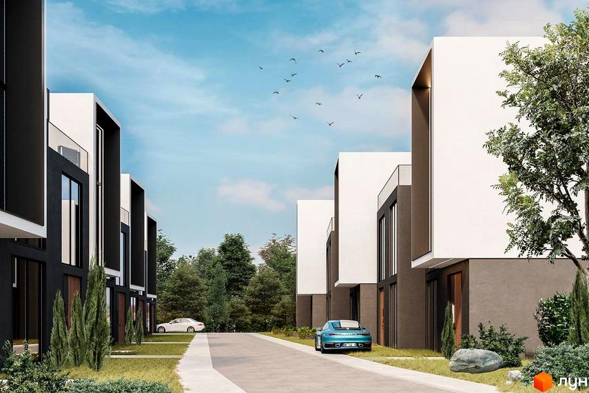 Зовнішній вигляд Elwood Townhouse: сучасні будинки з чорними та білими фасадами, великими вікнами та зеленою прибудинковою територією з деревами та автомобілями.