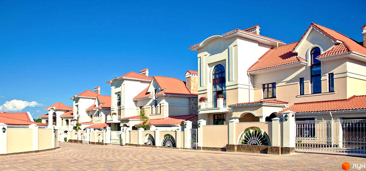 Котеджне містечко Oasis з будинками з червоною черепицею та світлими фасадами. Доглянута прибудинкова територія з бруківкою та низькими огорожами.