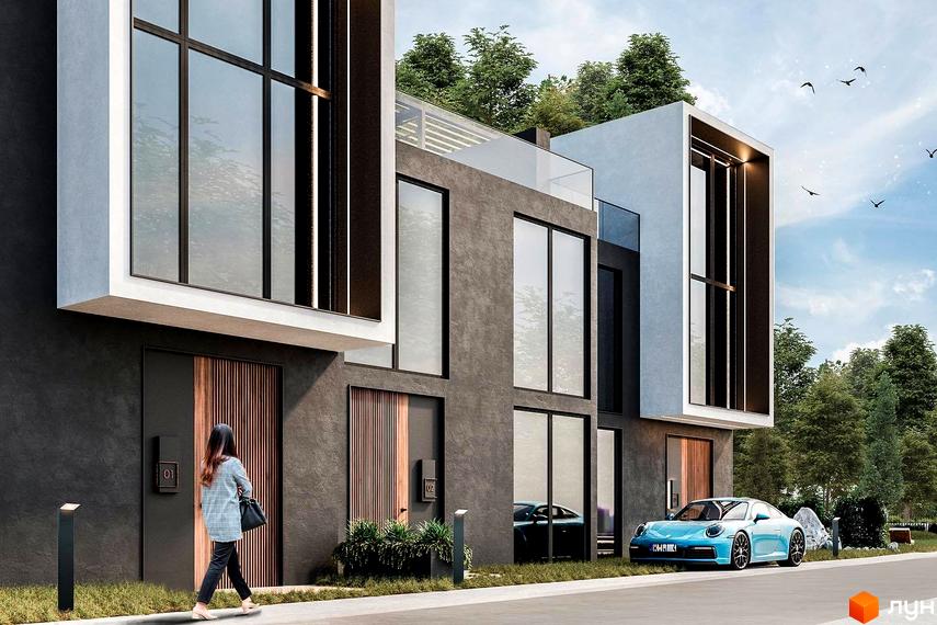 Сучасний житловий комплекс Elwood Townhouse з елегантною архітектурою та блакитним спорткаром біля входу. Навколо будівель зелені дерева та ясне небо.