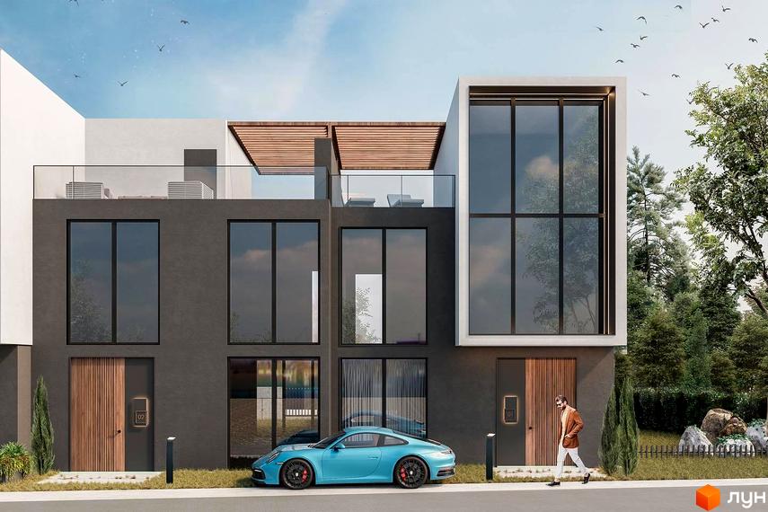 Зовнішній вигляд Elwood Townhouse з блакитним спорткаром та чоловіком, що йде поруч. Будинок має сірі фасади, великі вікна та дерев'яні елементи.