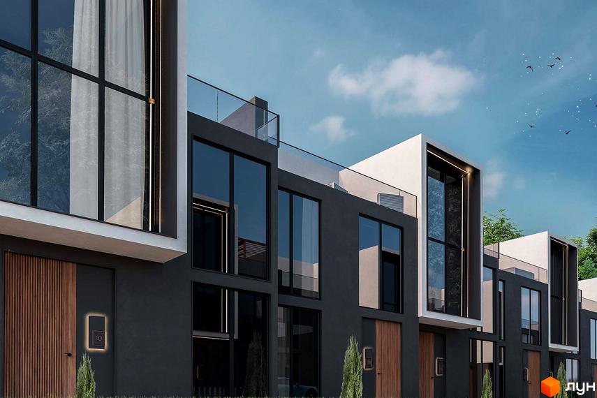 Зовнішній вигляд Elwood Townhouse: темно-сірі фасади, великі вікна, дерев'яні двері та скляні огорожі на даху. Навколо - зелень та блакитне небо.