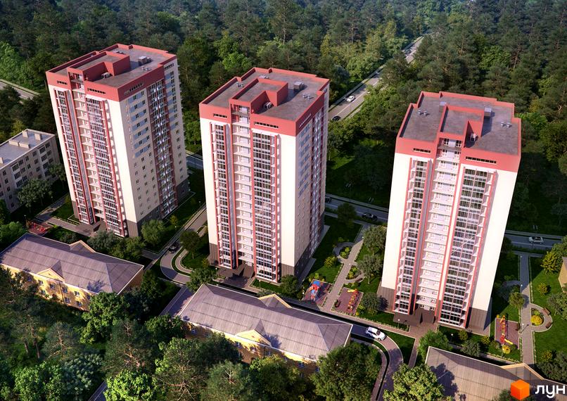 Житловий комплекс Оберіг: три високі багатоповерхові будинки світло-бежевого кольору з червоними елементами розташовані серед зелені. Поряд є дороги та дитячі майданчики.