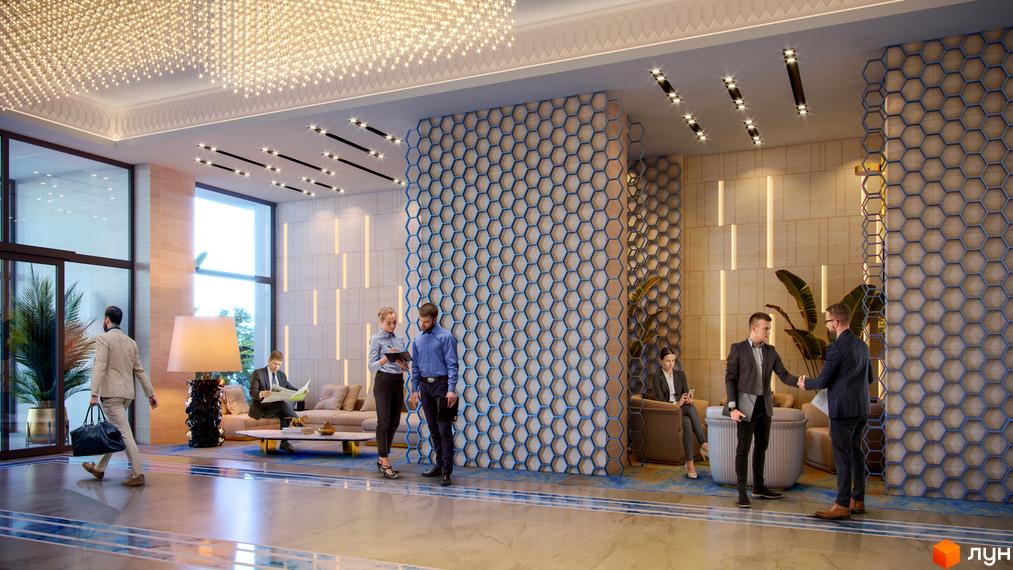 Інтер'єр лобі житлового комплексу KADORR City з людьми, що спілкуються та відпочивають. Сучасний дизайн з великою люстрою та декоративною стіною.