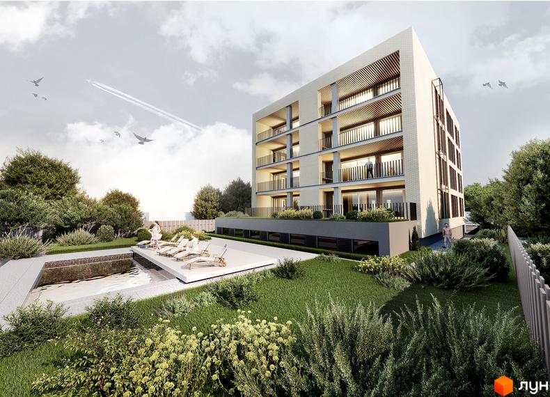 Клубний будинок Community з басейном та зоною відпочинку. Сучасна архітектура будівлі з балконами та цегляним фасадом.