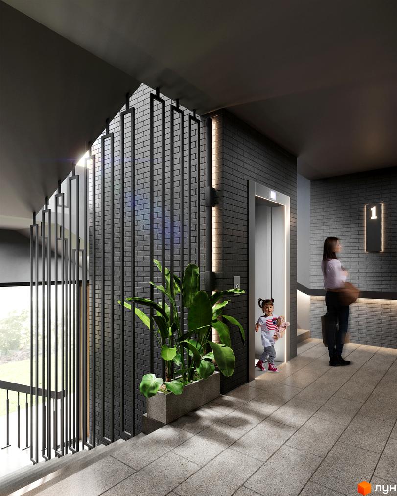 Інтер'єр клубного будинку Community з ліфтом та дитиною, що тримає іграшку. Сучасний дизайн з цегляними стінами та освітленням.