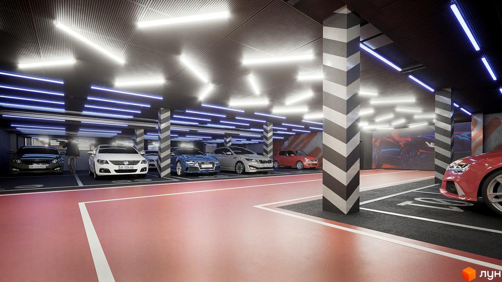 Підземний паркінг клубного будинку Community з яскравим освітленням та сучасними автомобілями. Оцініть зручність та безпеку паркування у вашому новому домі.