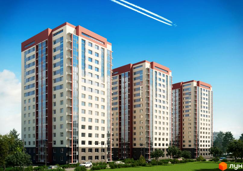 Житловий комплекс Оберіг. Три висотні будинки з біло-бежевими фасадами та червоними верхніми поверхами. Навколо будівель зелена територія з деревами та газоном.