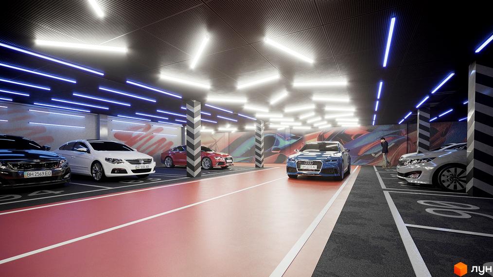 Клубний будинок Community: підземний паркінг з автомобілями та яскравим муралом на стіні. Сучасний простір для паркування автомобілів.