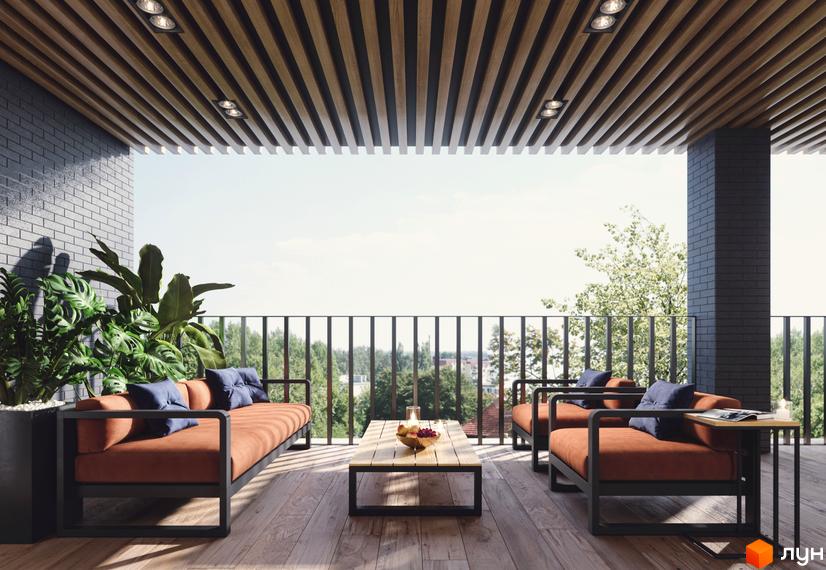 Клубний будинок Community: затишна тераса з меблями та зеленню, вид на дерева. Сучасний дизайн балкона для відпочинку на свіжому повітрі.