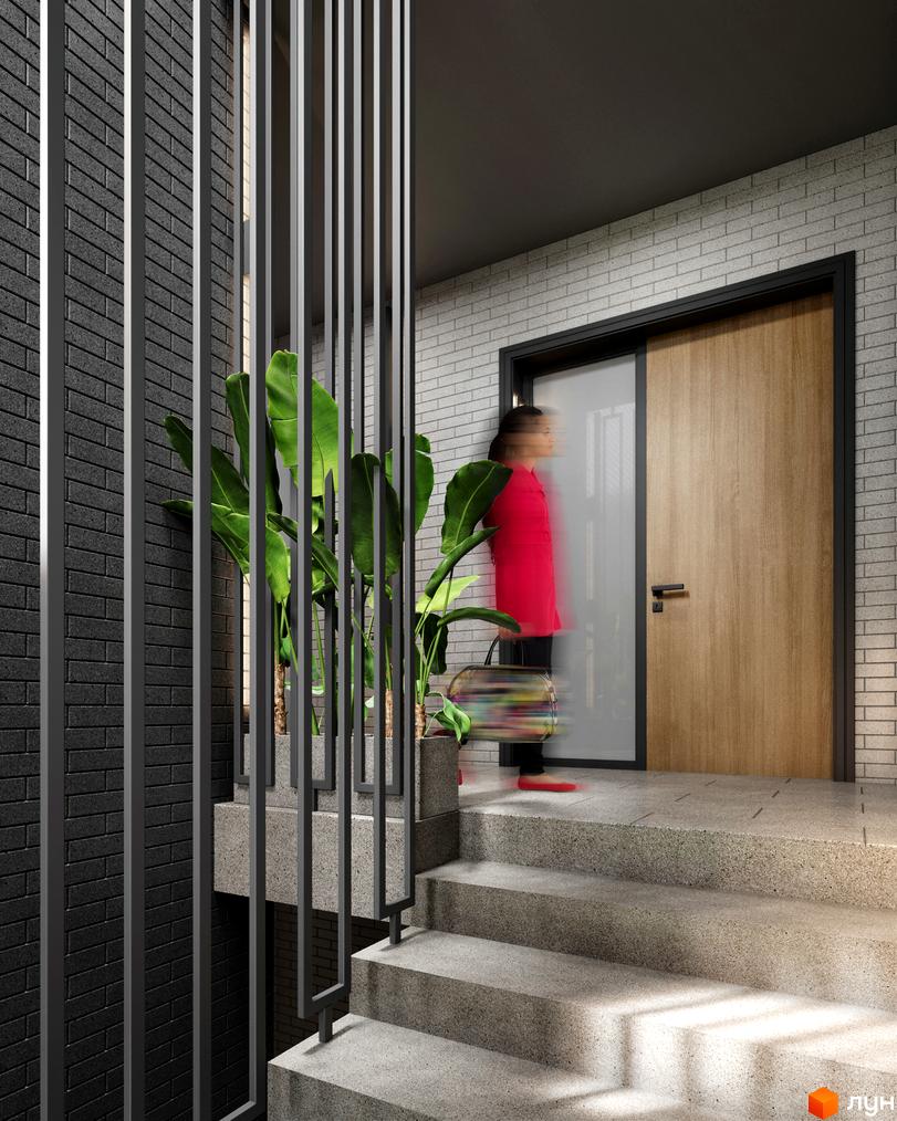 Клубний будинок Community: вхідна група з дверима та сходами. Зовнішній вигляд новобудови з рослинами та цегляною стіною.