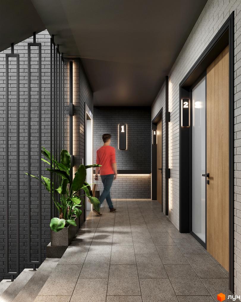 Коридор житлового комплексу Community з дверима та підсвіткою. Сучасний дизайн інтер'єру новобудови.