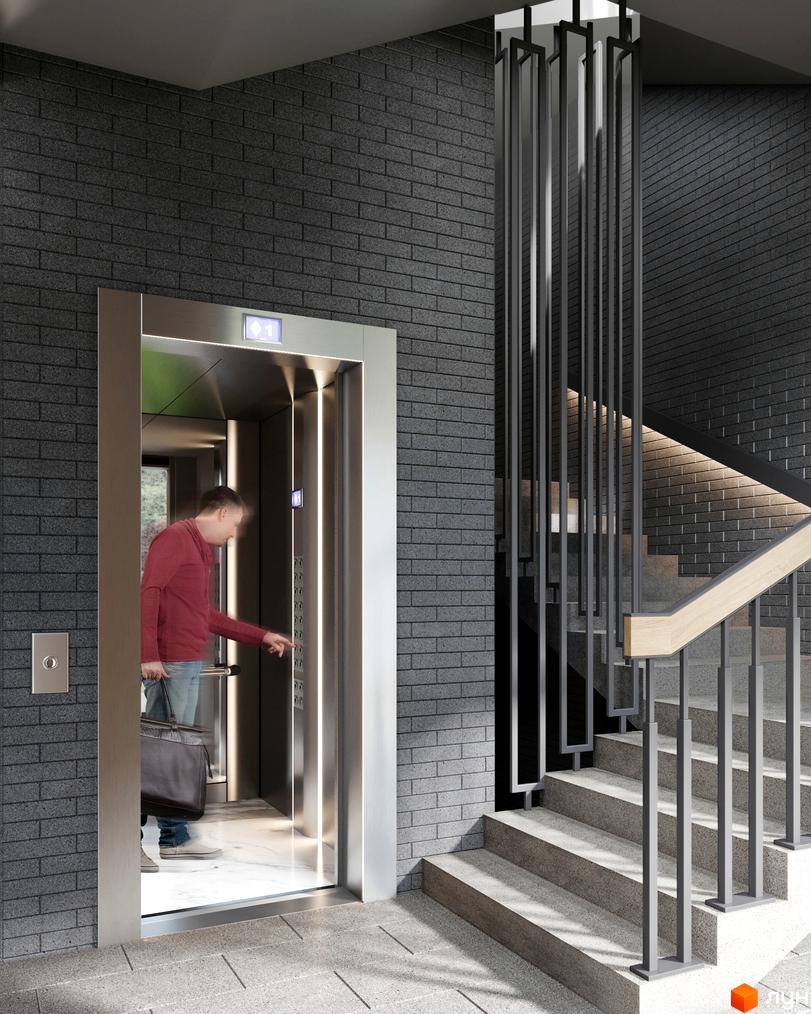 Клубний будинок Community: вхідна група з ліфтом та сходами з сірого цегляного фасаду та мармурової підлоги.