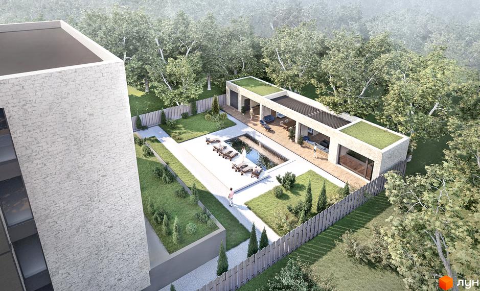 Клубний будинок Community з басейном та зоною відпочинку. Сучасна архітектура та зелена прибудинкова територія.